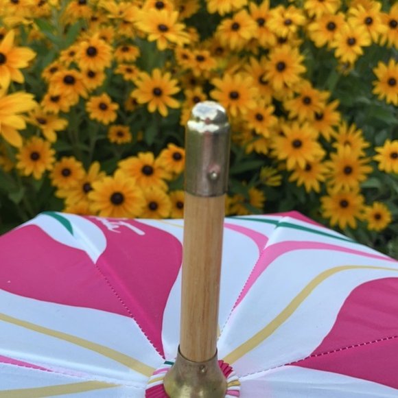 Vintage Oscar de la Renta Wooden Umbrella Pink and Green Swirls - Picture 7 of 16